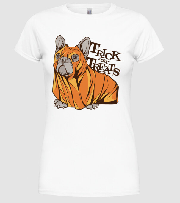 Trick or Treat Mops Halloween model alb pe tricou