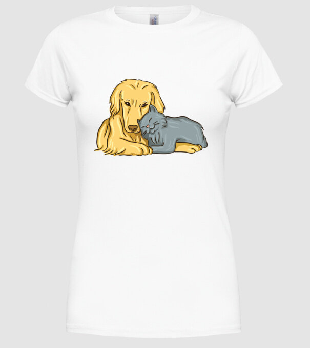 câine pisică drăguță împreună model alb pe tricou