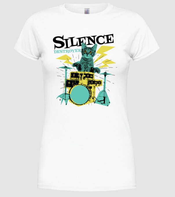 Pisică Baterist - Silence Destroyer model alb pe tricou