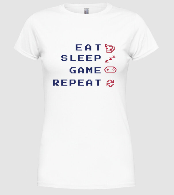 Eat Sleep Game Repeat model alb pe tricou