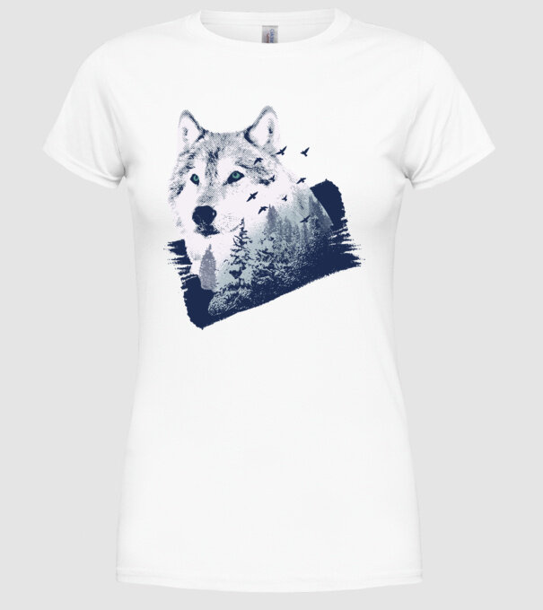 Tricou design Pădure Lup model alb pe tricou