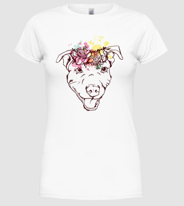 Floral Pitbull model alb pe tricou