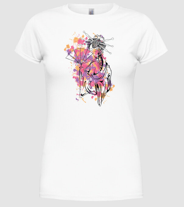 Geisha cu evantai model alb pe tricou