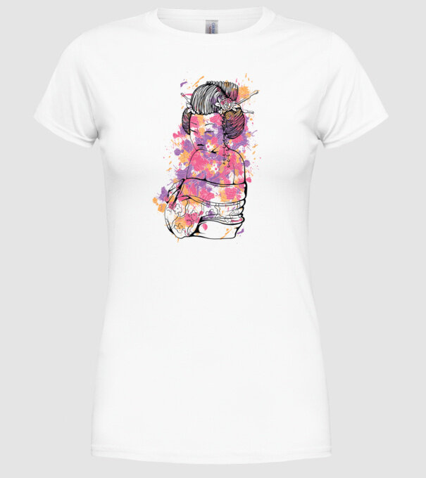 Geisha colorată model alb pe tricou