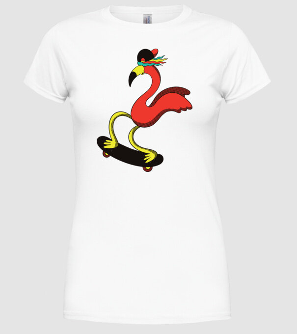 Flamingo Skateboarder model alb pe tricou