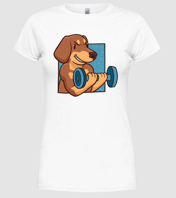 Teckel body builder model alb pe tricou