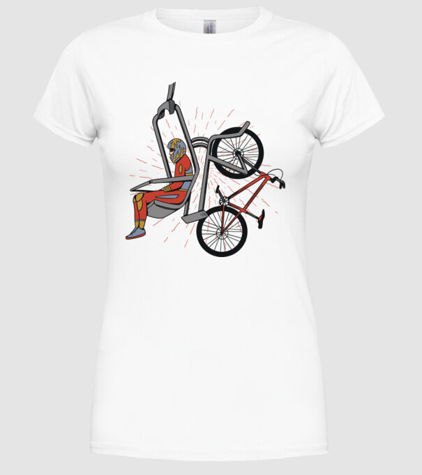 Biciclist montain bike pe teleferic model alb pe tricou