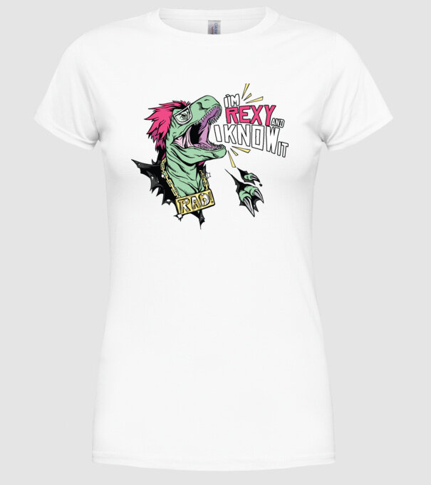 'I''m Rexy and I know it - tricou dinozaur amuzant' model alb pe tricou