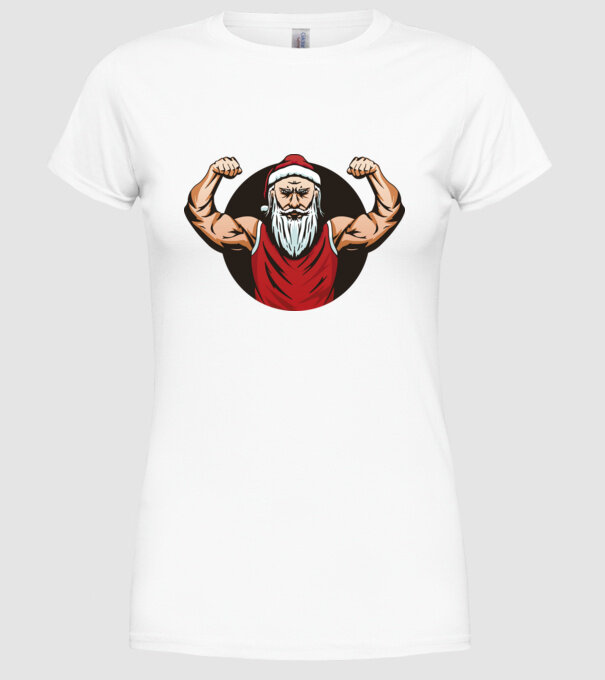 Moș Crăciun musculos model alb pe tricou