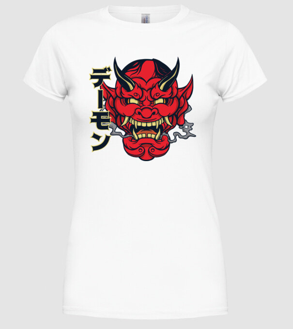 Mască demon chinez model alb pe tricou