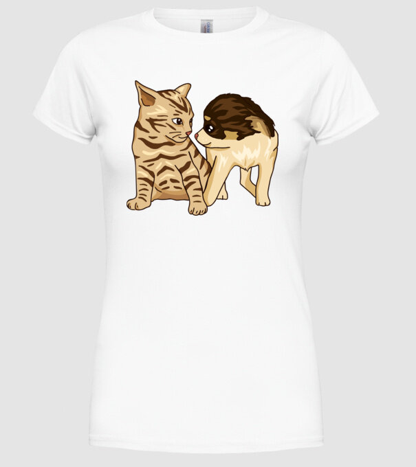 cuplu drăguț câine și pisică model alb pe tricou