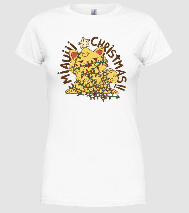 Miauiii Crăciun cu pisică model alb pe tricou