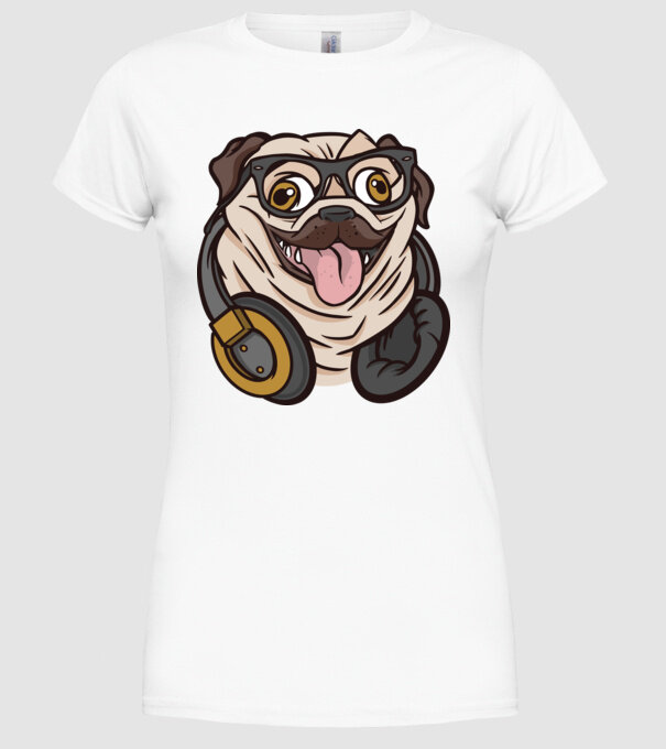 Mops cu căști model alb pe tricou
