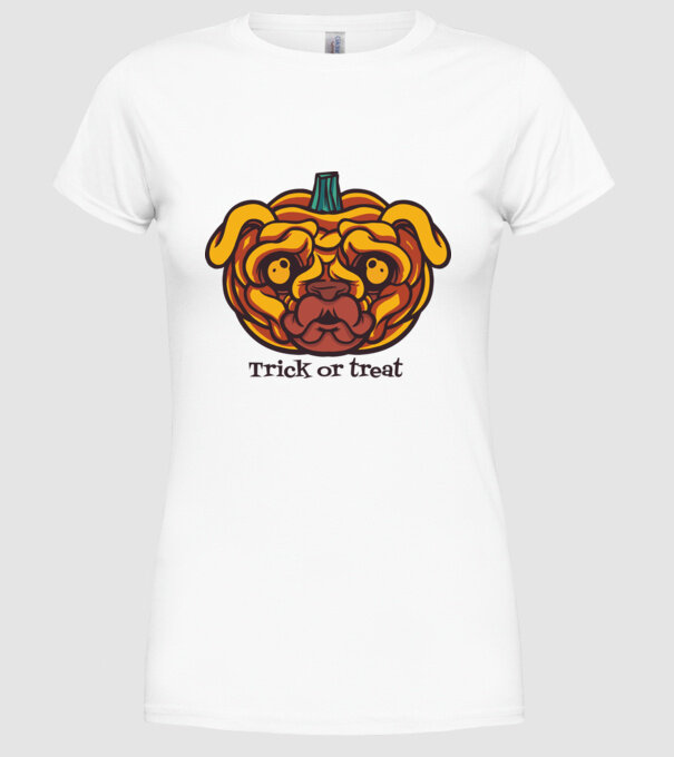 Mops cap de dovleac Halloween model alb pe tricou