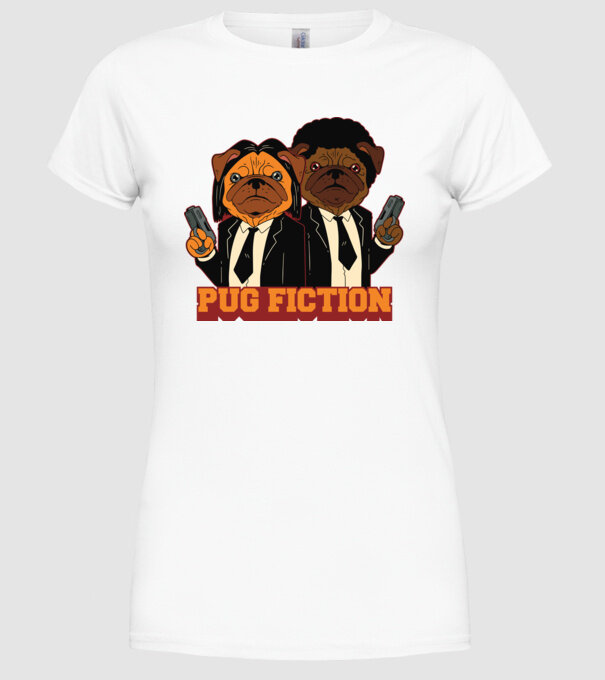 Pug Fiction Pugs Mops Pulp Fiction parodie model alb pe tricou
