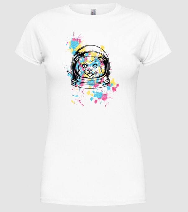 Space Cat model alb pe tricou