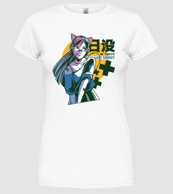 Fată Anime Sunset Tokyo model alb pe tricou
