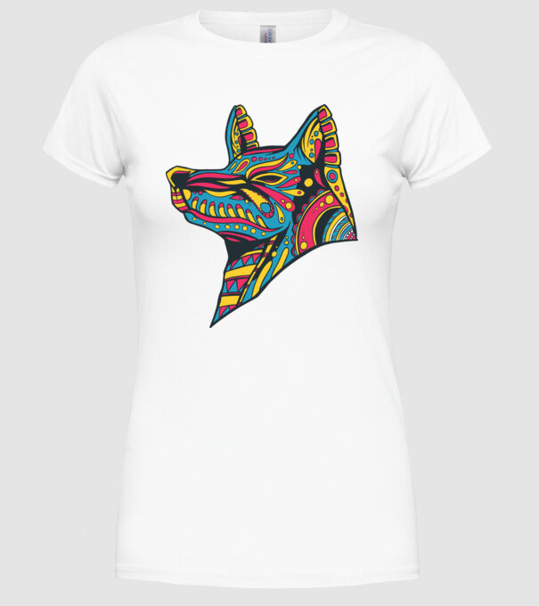 Cap de lup colorat model alb pe tricou