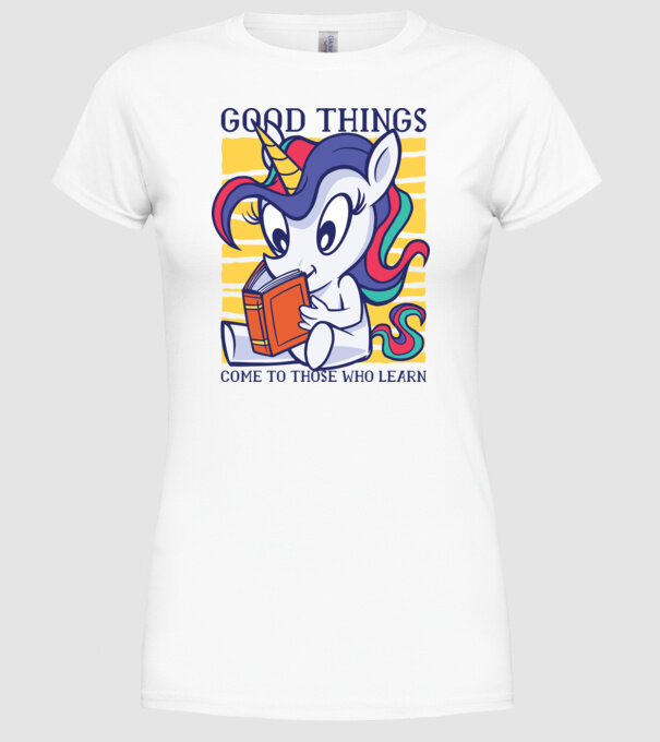 Student unicorn model alb pe tricou