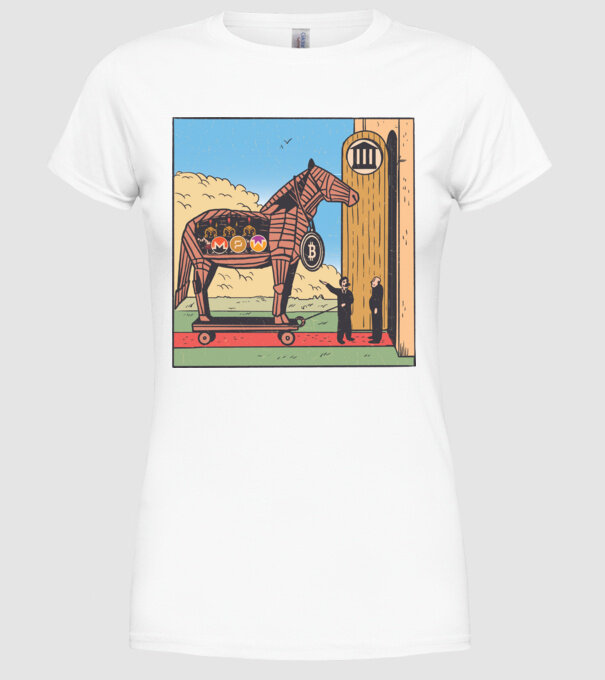 Cal troian Bitcoin model alb pe tricou