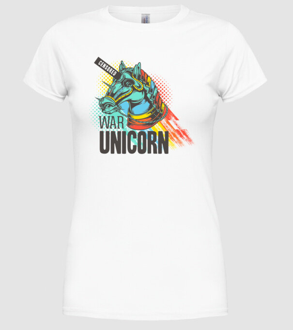 War Unicorn model alb pe tricou