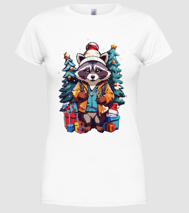 Crăciunul ratonilor model alb pe tricou