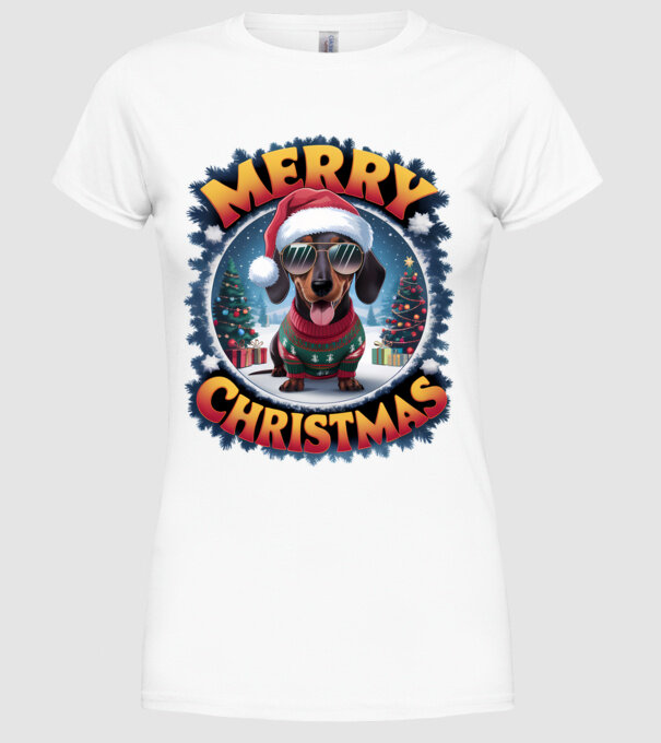 Merry Christmas Teckel model alb pe tricou
