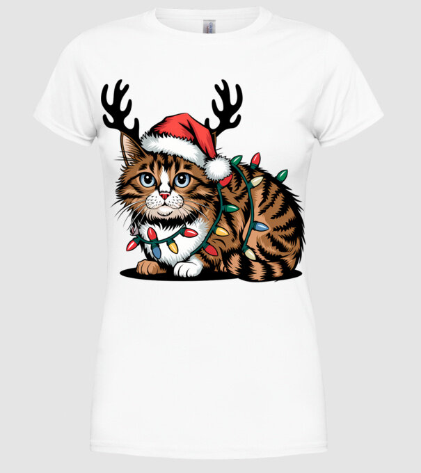 Pisica de craciun model alb pe tricou