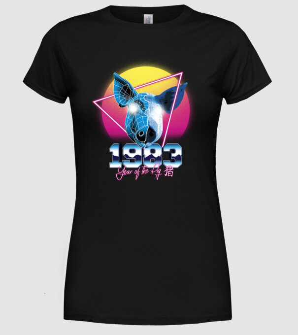 1983 Year of the Pig model negru pe tricou