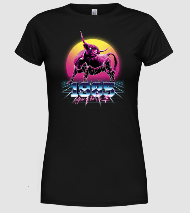 1985 Year of the Ox model negru pe tricou