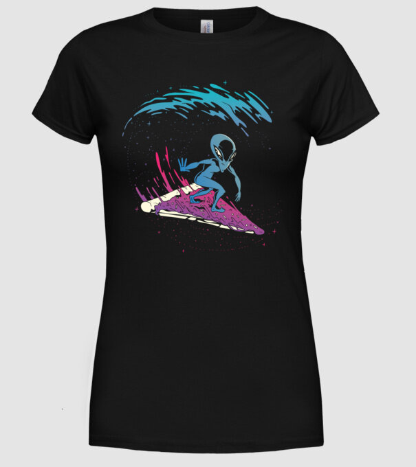 Alien Pizza Surf tricou amuzant model negru pe tricou