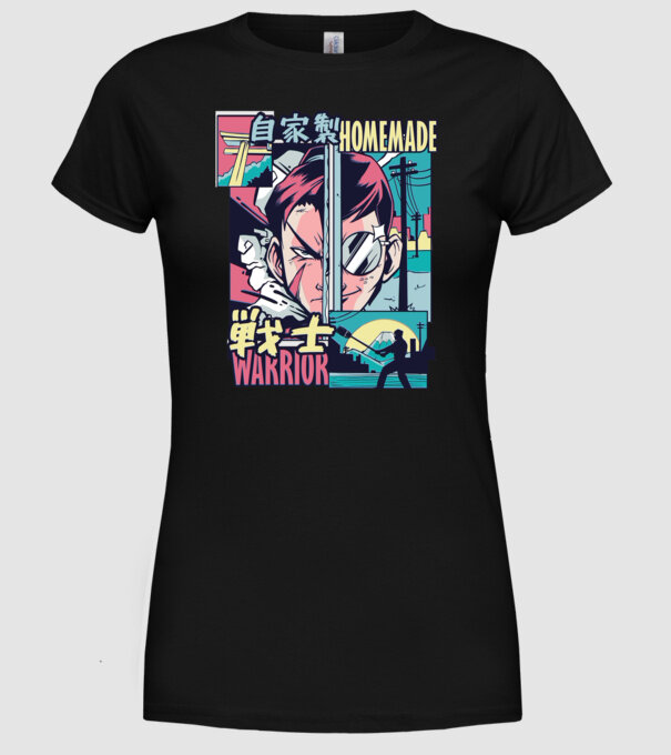 Anime Vaporwave Home Made Warrior model negru pe tricou