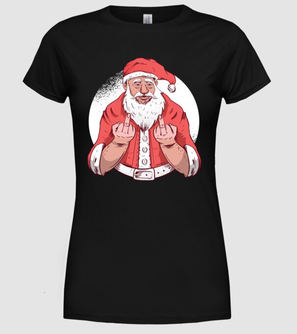 Moș Crăciun antisocial arată degetul model negru pe tricou