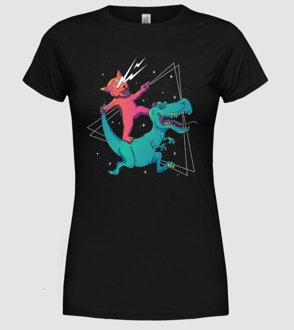 Pisică drogată pe dinozaur model negru pe tricou