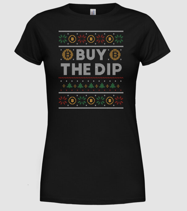 Buy the Dip Bitcoin Ugly Sweater model negru pe tricou