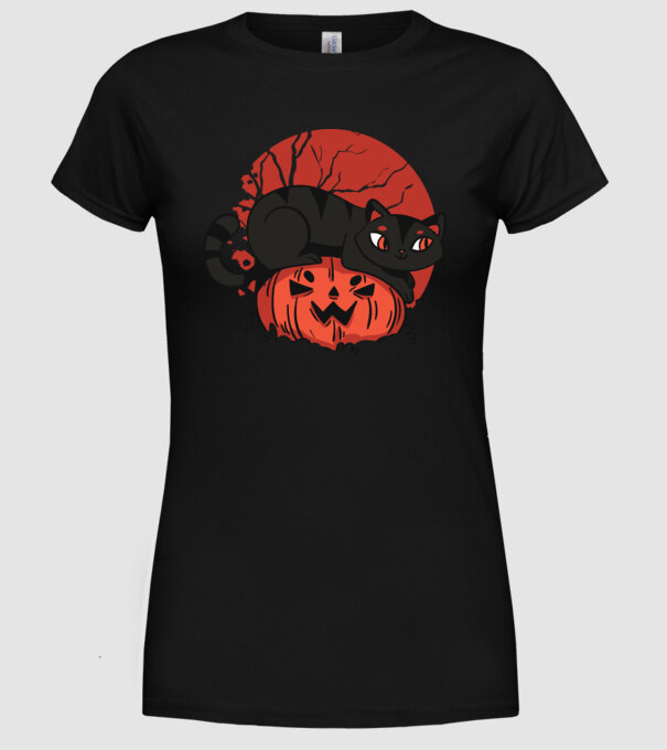Pisică pe dovleac Halloween model negru pe tricou