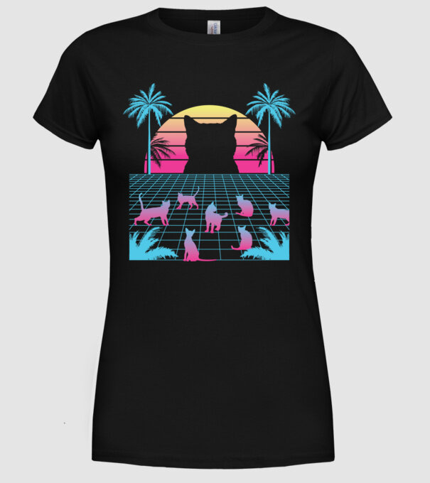 Pisică Vaporwave neon model negru pe tricou