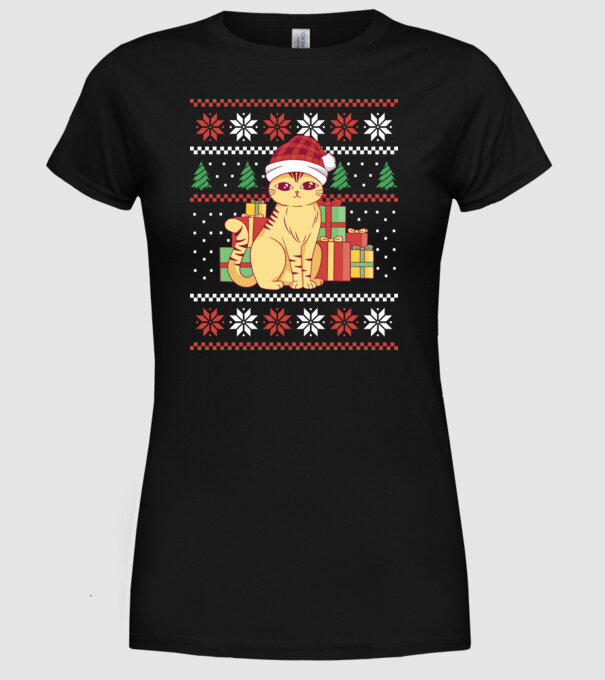 Pulover urât cu pisică model negru pe tricou