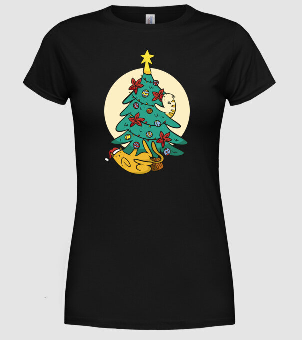 Crăciun cu pisică model negru pe tricou