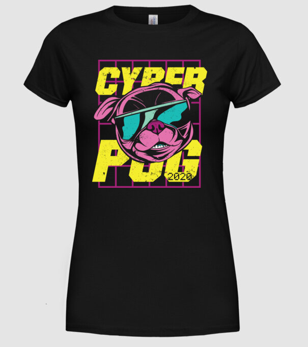 Mops Cyber Pug model negru pe tricou