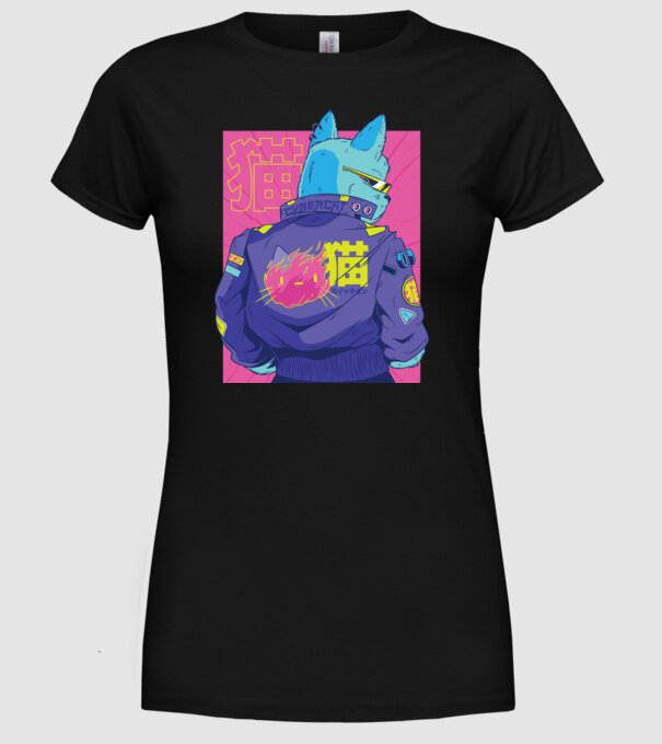 Pisică Cyberpunk model negru pe tricou