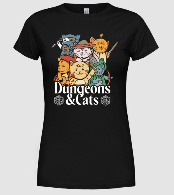 Dungeons and Cats - Joc de rol cu pisici model negru pe tricou