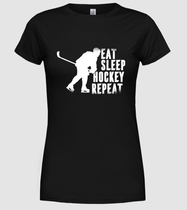 Eat Sleep Hockey Repeat model negru pe tricou