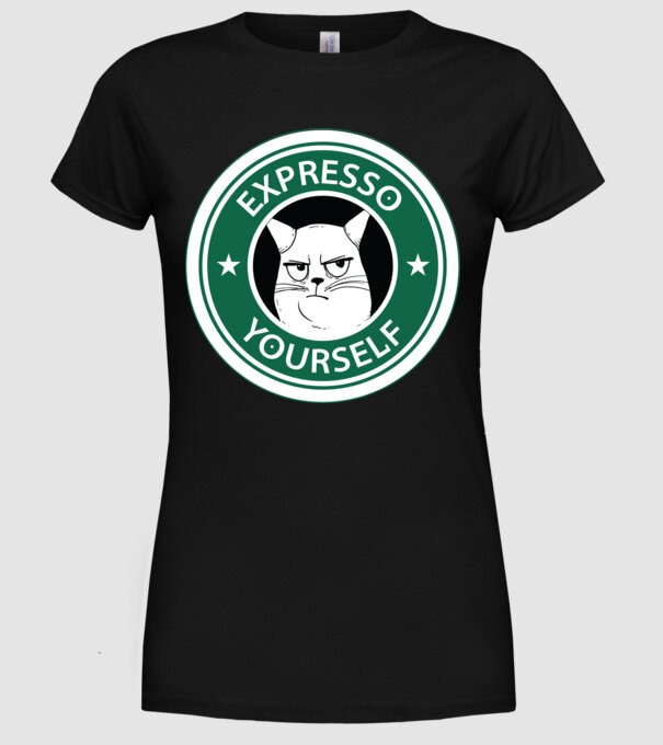 Expresso Yourself tricou Pisică cu cafea model negru pe tricou