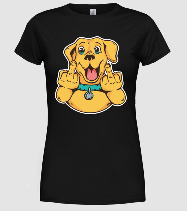 Golden Retriever arată degetul model negru pe tricou
