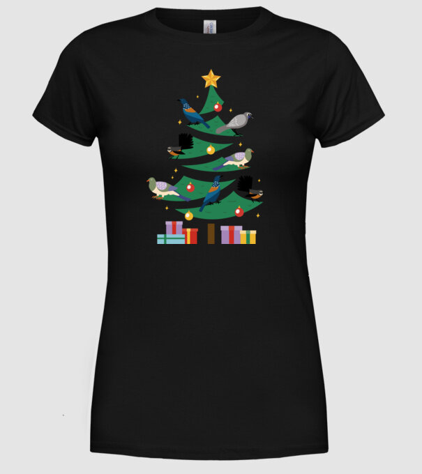 Pom de Crăciun cu păsări model negru pe tricou