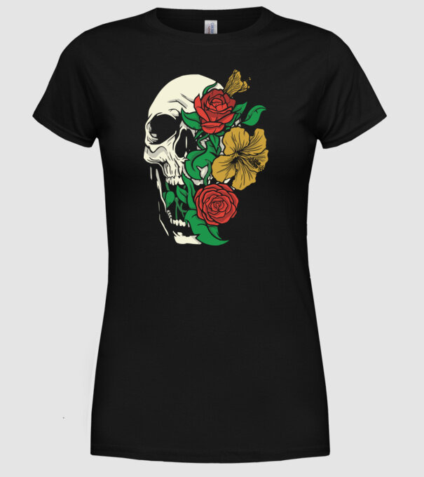 Trandafir craniu model negru pe tricou