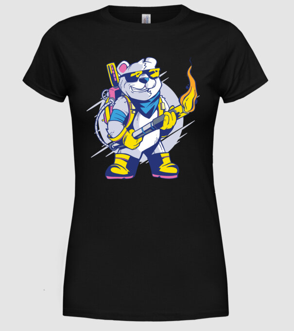 Urs cu aruncător de flăcări model negru pe tricou