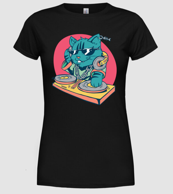 Pisică DJ model negru pe tricou