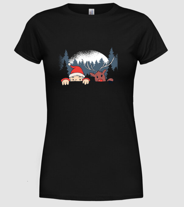 Moș Crăciun și Rudolf trag cu ochiul model negru pe tricou